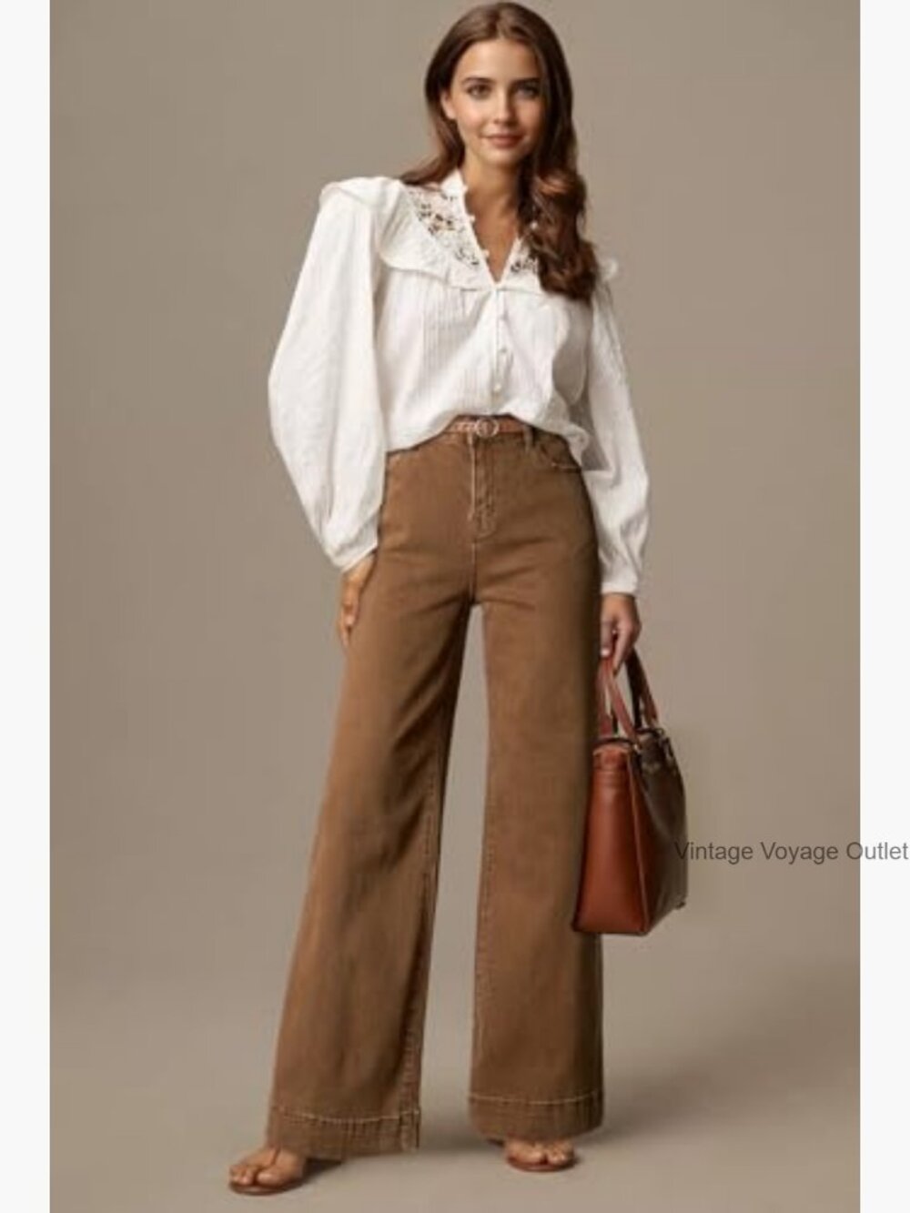 High Waisted Wide Leg Stretch Denim Pants with Pockets - Picture 2 of 7